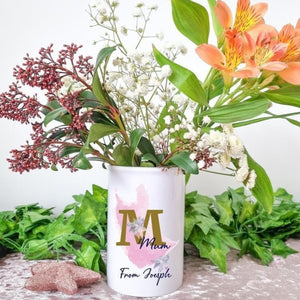 Personalised Flower Vase for with a Pink Paint Blot and the Letter 'M' in Gold