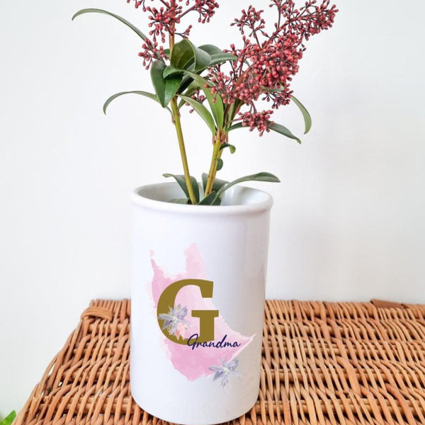 Personalised Flower Vase for with a Pink Paint Blot and the Letter 'G' in Gold