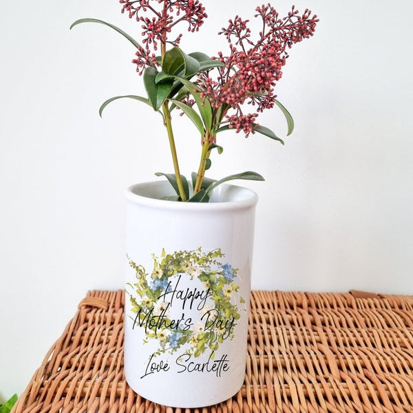 Personalised Ceramic Flower Vase with Floral Wreath 