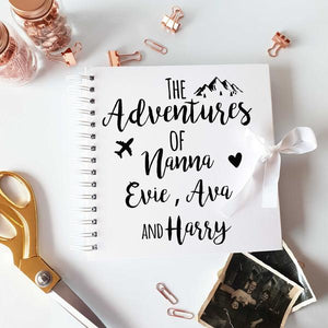 White Scrapbook with Black Personalisation 'The Adventure's Of Nanna *insert names*.