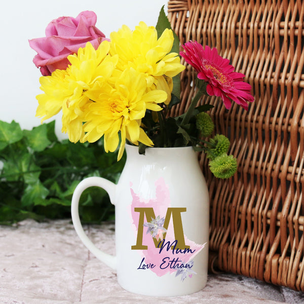 Vase with handle with gold M and Personalised message 